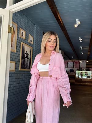 Pink 100% Raw Linen Crop Shirt