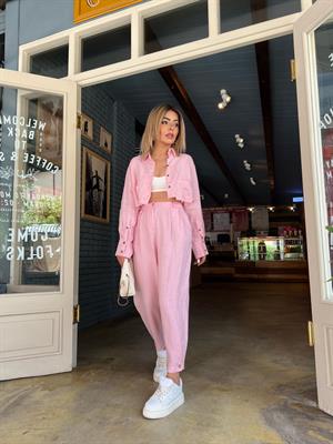 Pink 100% Raw Linen Crop Shirt
