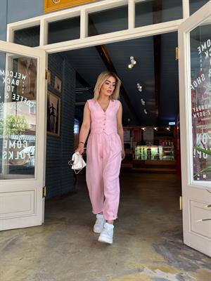 Pembe %100 Ham keten Paça Düğmeli Pantolon 