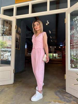 Pembe %100 Ham keten Paça Düğmeli Pantolon 