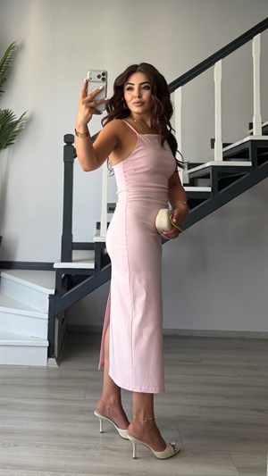 Pink Ruched Midi Dress with Adjustable Straps