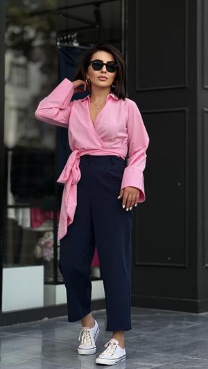 Pink Poplin Shirt with Belt Detail