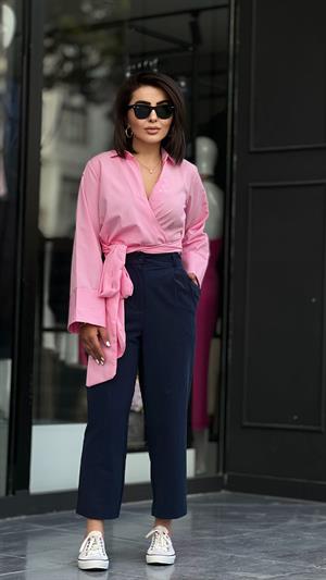 Pink Poplin Shirt with Belt Detail