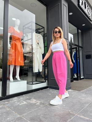 Pembe Beli Lastikli Piliseli Müslin Pantolon