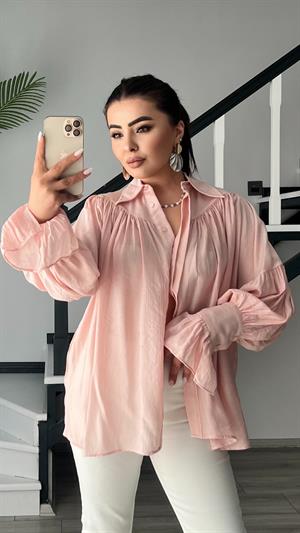 Pembe Büzgü Ve Kol Detaylı Gömlek 