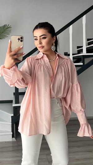 Pembe Büzgü Ve Kol Detaylı Gömlek 
