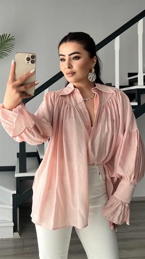 Pembe Büzgü Ve Kol Detaylı Gömlek 