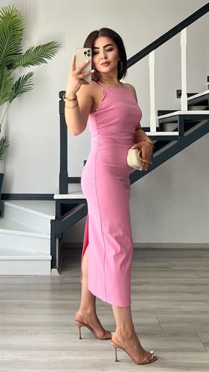 Pembe Büzgülü Ayarlanabilir Askılı Elbise