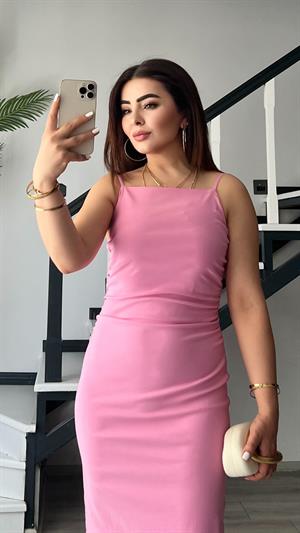 Pembe Büzgülü Ayarlanabilir Askılı Elbise