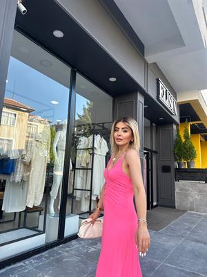 Pembe Büzgülü Elbise 