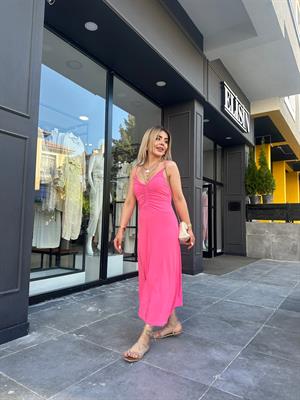 Pembe Büzgülü Elbise 