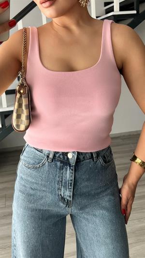 Pembe Kare Yaka Fitilli Askılı Atlet