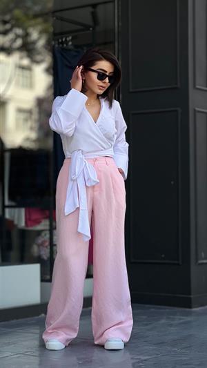 Pembe Kendinden Çizgili Palazzo Pantolon