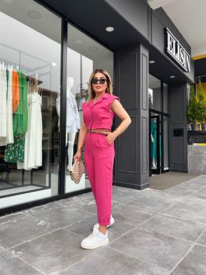 Pink Imported Linen Vest Set with Self-Belt