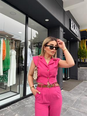Pink Imported Linen Vest Set with Self-Belt