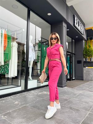 Pink Imported Linen Vest Set with Self-Belt