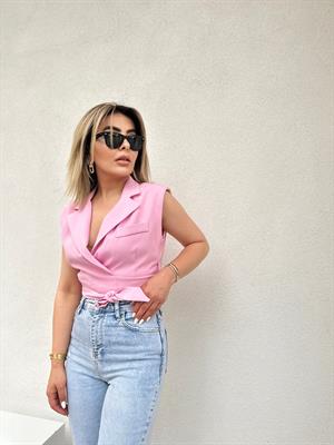 Pembe Kuşaklı Bağlamalı Yelek