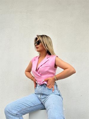 Pembe Kuşaklı Bağlamalı Yelek
