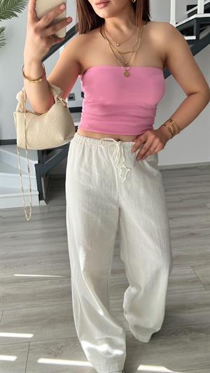 Pembe Lazer Kesim Straplez Bluz