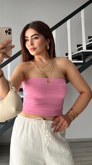 Pembe Lazer Kesim Straplez Bluz