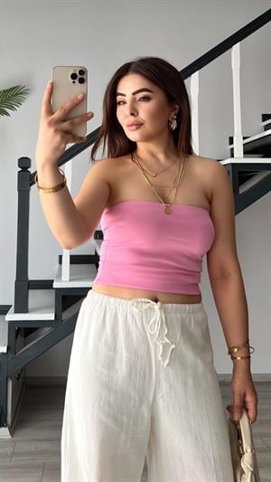 Pembe Lazer Kesim Straplez Bluz