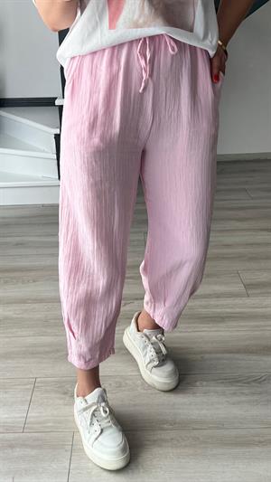 Pembe Paça Pensli Müslin Pantolon