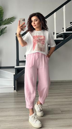 Pembe Paça Pensli Müslin Pantolon