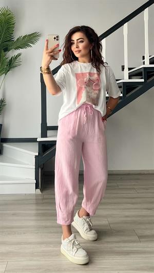 Pembe Paça Pensli Müslin Pantolon
