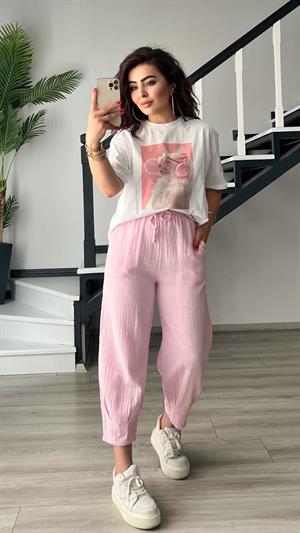 Pembe Paça Pensli Müslin Pantolon