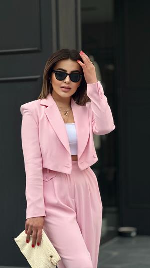Pembe Premıum Astarlı Düğmeli Crop Ceket 