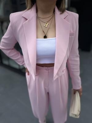 Pembe Premıum Astarlı Düğmeli Crop Ceket 