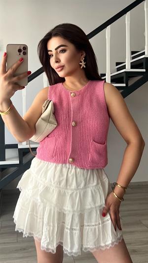 Pembe Sıfır Kol Gold Düğme Triko Yelek