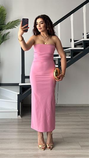 Pembe Straplez Bel Gipe Detaylı Yırtmaçlı Elbise