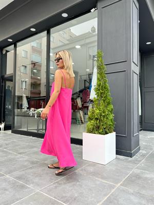 Pembe Tensel Kumaş Askılı Elbise 