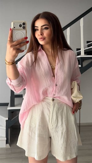 Pembe Transparan Çizgili Gömlek