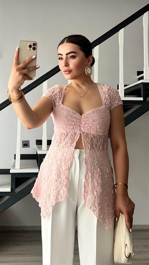 Pudra Pembe Asimetrik Dantel Bluz