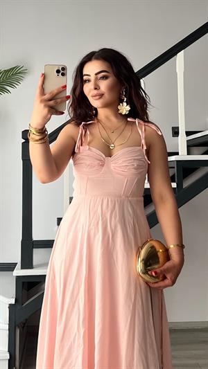 Pudra Pembe Marka Model Astarlı Fırfırlı Elbise