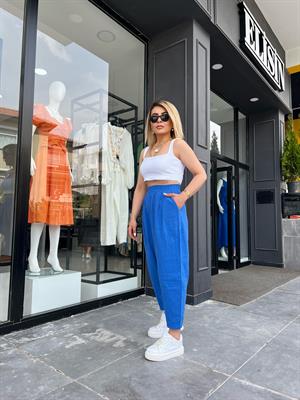 Saks Mavi Beli Lastikli Piliseli Müslin Pantolon