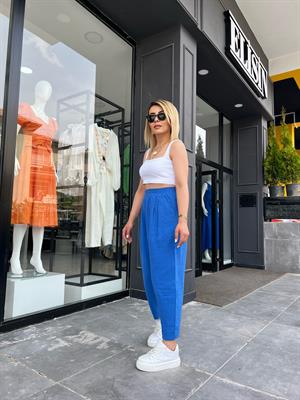 Saks Mavi Beli Lastikli Piliseli Müslin Pantolon
