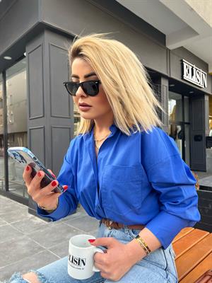 Saks Mavi Önü Tek Cepli Oversize Gömlek