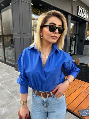 Saks Mavi Önü Tek Cepli Oversize Gömlek