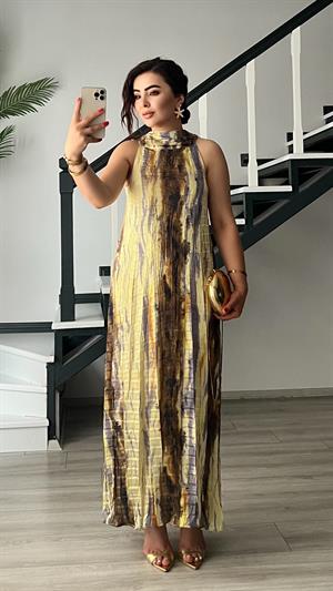 Sarı-Kahve Batik Desen Elbise