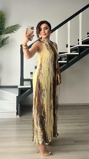 Sarı-Kahve Batik Desen Elbise