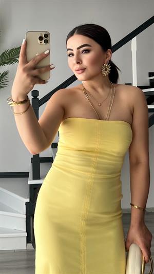 Yellow Strapless Dress with Front Slit