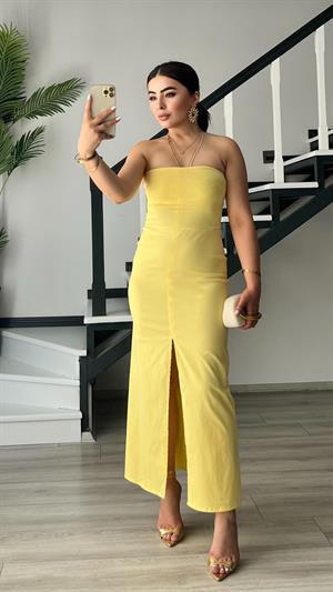 Yellow Strapless Dress with Front Slit