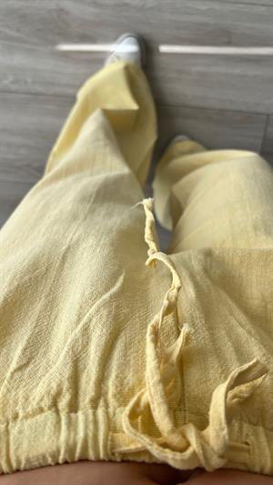 Sarı Yarım Astarlı Bel Bağlamalı Keten Pantolon