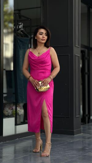 Satin Fuchsia Adjustable Strap V-Neck Dress