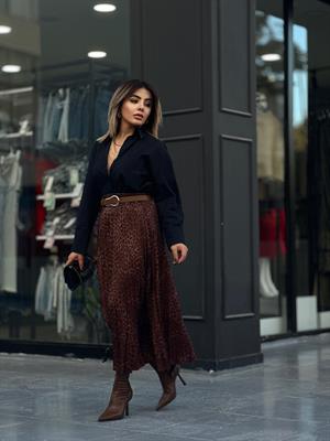 Satin Leopard Print Pleated Skirt