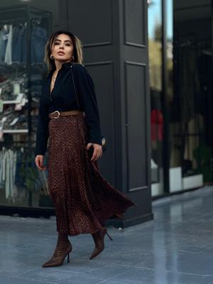 Satin Leopard Print Pleated Skirt
