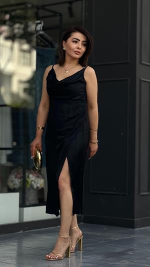 Satin Black Adjustable Strap V-Neck Dress